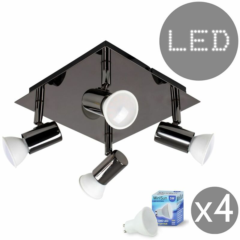 Minisun - Square Plate 4 Way Ceiling Spotlight + 5W Warm White LED GU10 Bulbs - Black Chrome