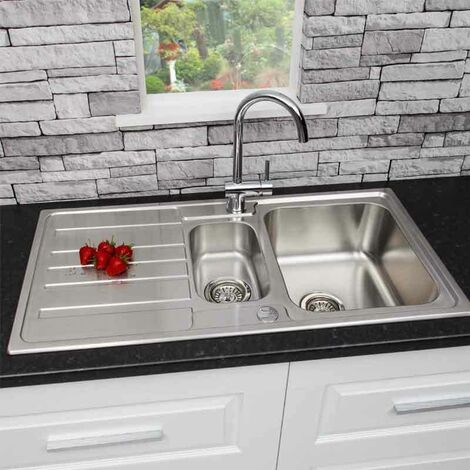 Modern Stainless Steel 1.5 Bowl Reversible Drainer Kitchen Sink Basket Wastes - Silver