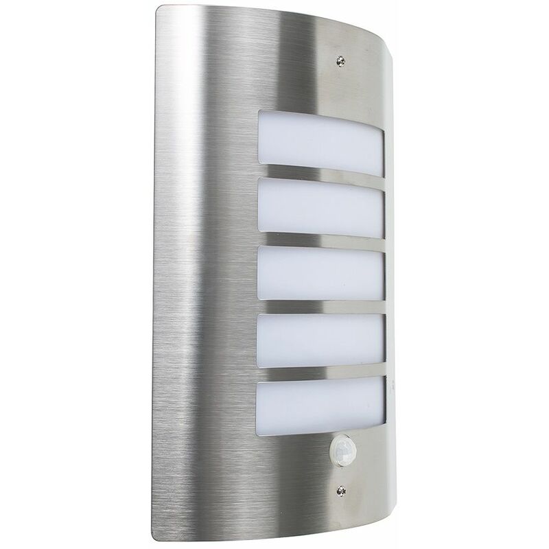 Stainless Steel & Frosted Lens IP44 Pir Motion Sensor Outdoor Wall Light + 6W LED Es E27 Smd GLS Warm White Bulb