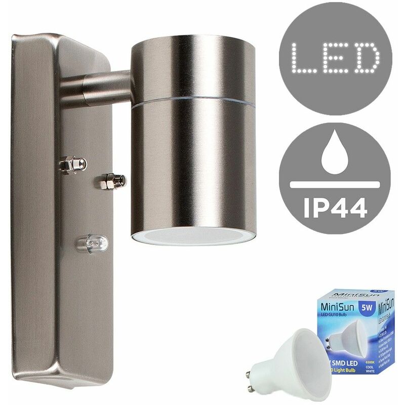 Stainless Steel Dusk To Dawn Sensor Outdoor Garden Wall Down Light IP44 Rated - 5W LED GU10 Bulb - Cool White