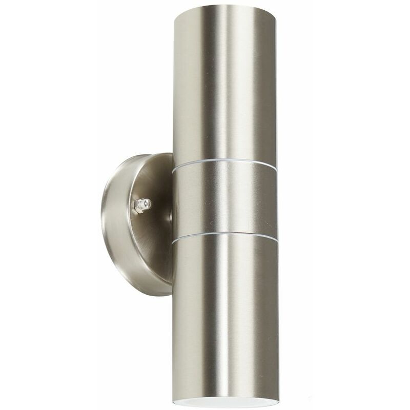 IP44 Rated Outdoor Up & Down Security Wall Light + 5W Warm White LED GU10 Bulbs - Stainless Steel