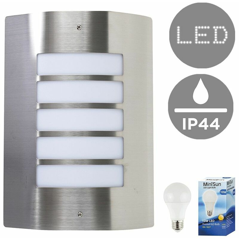 Stainless Steel & Frosted Curved IP44 Rated Outdoor Garden Wall Mounted Security Light + 10W LED GLS Bulb - Warm White