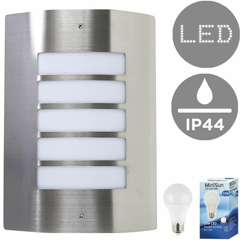Stainless Steel & Frosted Curved IP44 Rated Outdoor Garden Wall Mounted Security Light + 10W LED GLS Bulb - Cool White