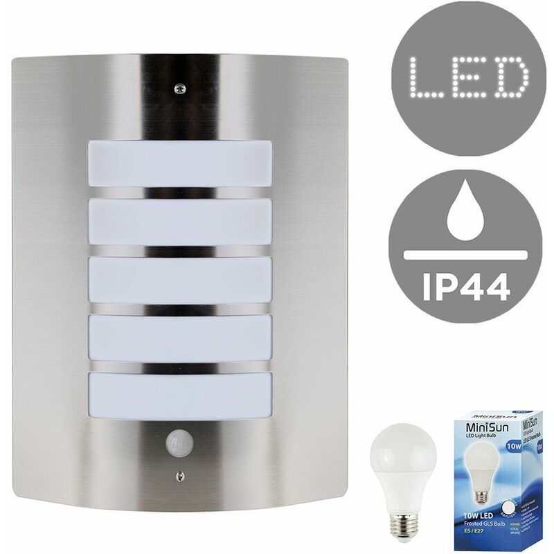 Stainless Steel & Frosted Curved IP44 Rated PIR Motion Sensor Outdoor Garden Wall Mounted Security Light - 10W LED GLS Bulb - Cool White