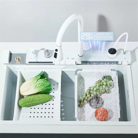 Modern stainless steel kitchen sink with temperature display, pull-out tap and two drain baskets (white)