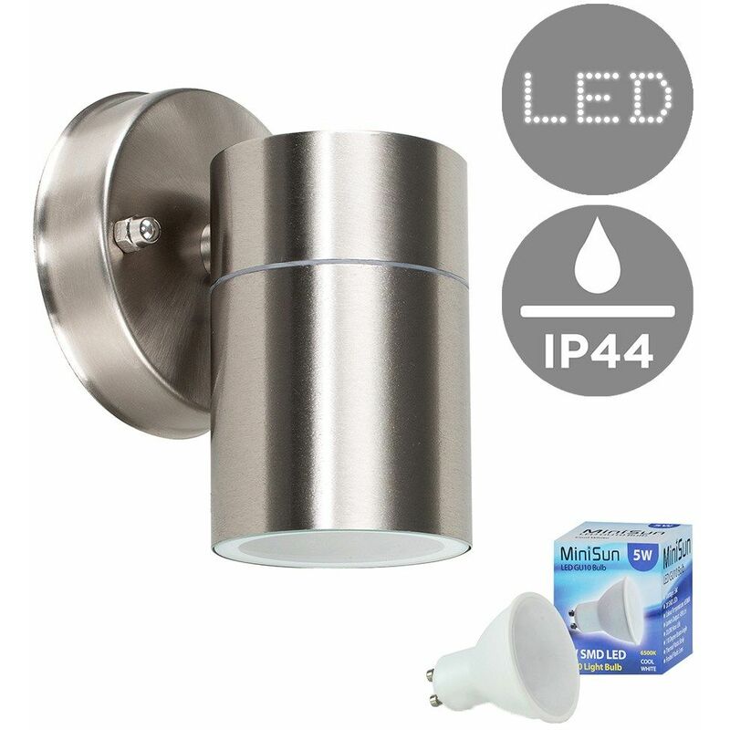 Modern Stainless Steel Outdoor Down Wall Light - IP44 Rated + GU10 LED Bulb - Cool White