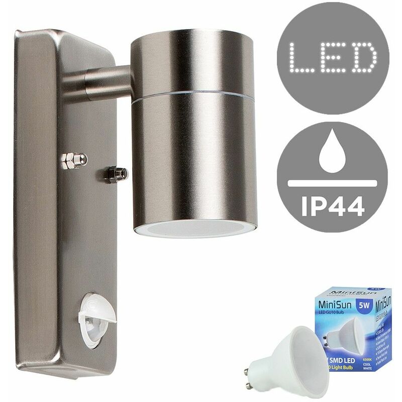 Stainless Steel Outdoor Garden Wall Down Light with PIR Motion Sensor IP44 Rated - 5W LED GU10 Bulb - Cool White
