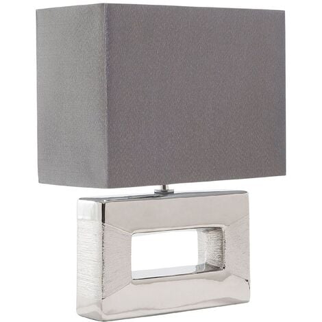 Modern Table Lamp Faux Silk Grey Rectangular Shade Silver Porcelain Base Onyx