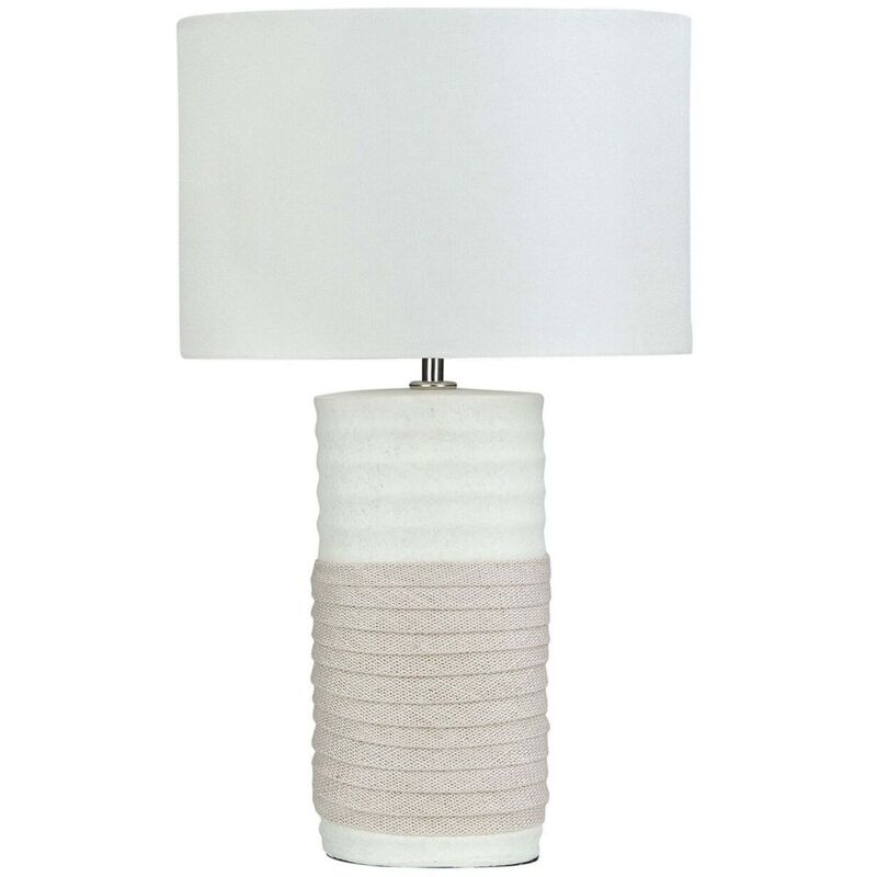Beliani - Modern Table Lamp Linen Fabric Drum Shade Beige Porcelain Base Bedside Navia