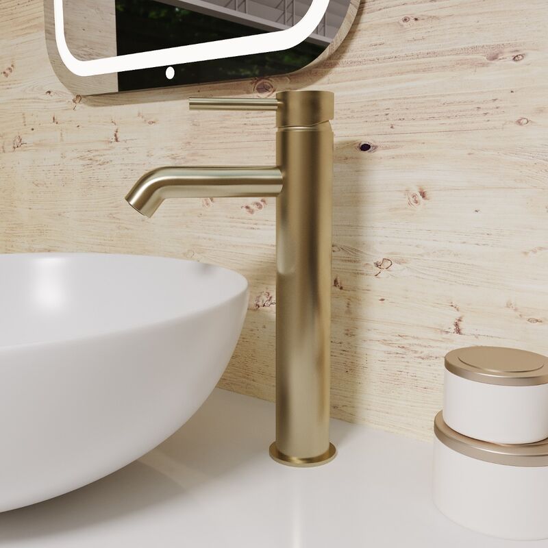 Modern Countertop Brushed Brass Tall Round Single Lever Basin Mono Mixer Tap