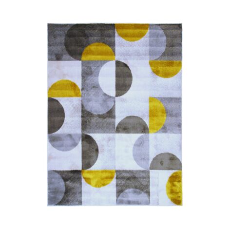 MODERN - Tapis motifs arcs de cercle et carrés gris, jaune et crème 133x170