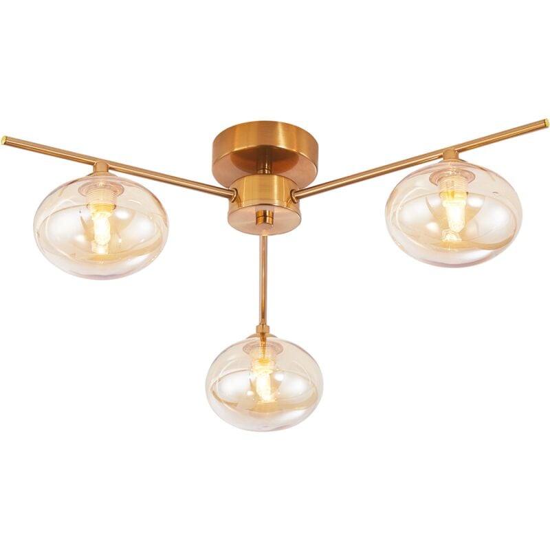 Modern Triple Branch Satin Brass Ceiling Light Fitting with Amber Glass Shades by Happy Homewares