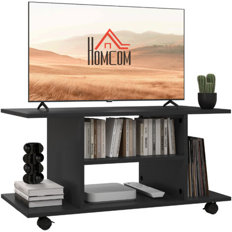 Modern TV Cabinet Stand 3 Tier shelf Storage Shelves Table Wheels Black