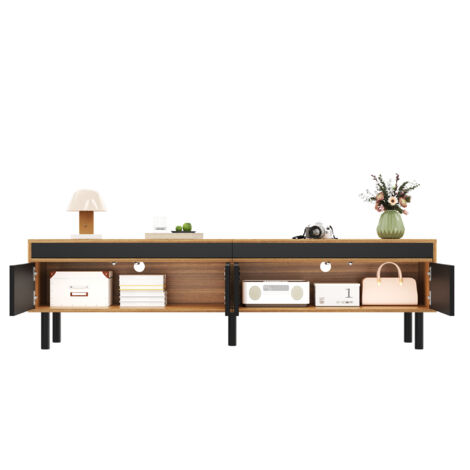 Modern TV Cabinet with 4 Doors - Natural & Black Lowboard Media Unit, Slim Design for Living Room