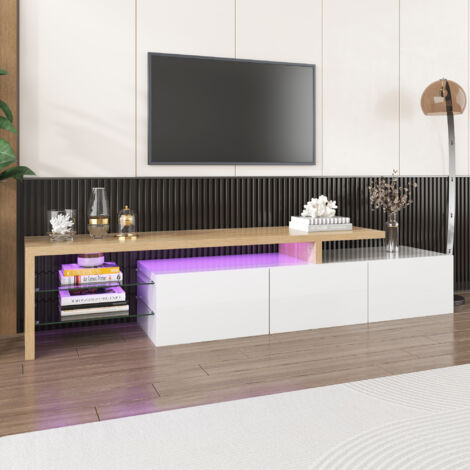 Modern TV stand 197cm LED TV cabinet - Glass display space - 2 drawers - Contemporary Style - White & Natural