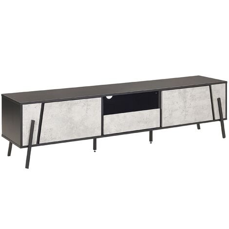 Modern TV Stand Concrete Effect Front Black Top Metal Legs Storage Cabinets Drawer Blackpool - Grey