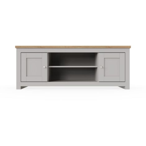 Modern TV Unit 2 Door 1 Shelf Grey Storage Oak Top