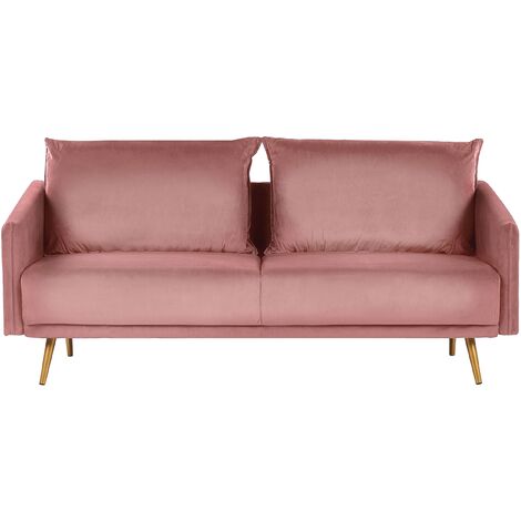 Modern Velvet 3 Seater Sofa Pink Backrest Cushions Metal Legs Maura