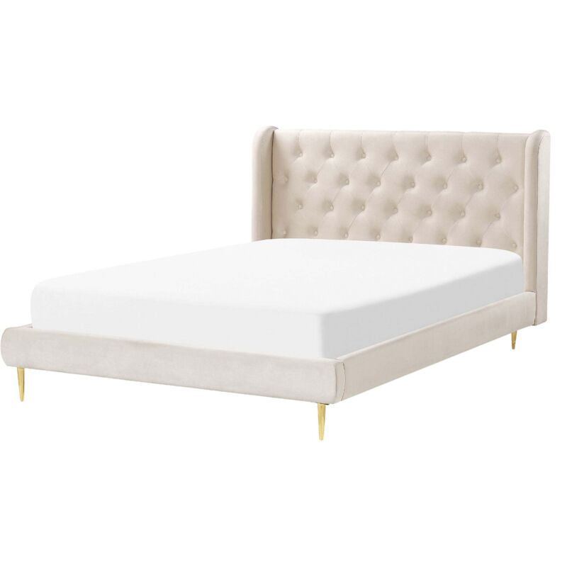 Beliani Modern Velvet Bed Frame Eu Double Size 4ft6 Tufted Headboard Beige Forbach