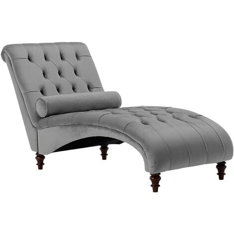Modern Velvet Fabric Chaise Lounge Light Grey Chesterfield Buttoned Muret - Grey