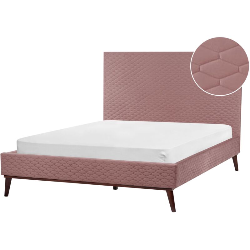 Beliani Modern Velvet Fabric Eu Double Size Bed Frame 4ft6 Upholstered Pink Bayonne