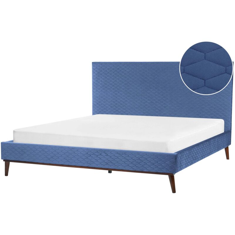 Beliani Modern Velvet Fabric Eu Super King Size Bed Frame 6ft Upholstered Blue Bayonne