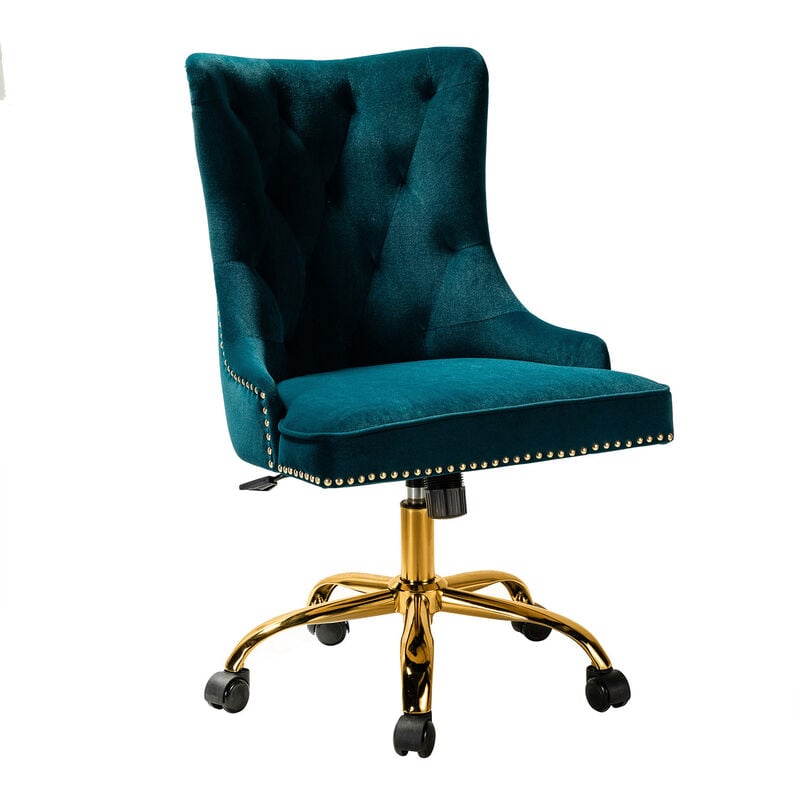 Modern Velvet Office Chair with Gold Base & Nailhead Trim Tufted Upholstered Desk Chair Swivel Adjustable Cute Armless Computer Task Vanity Chair for