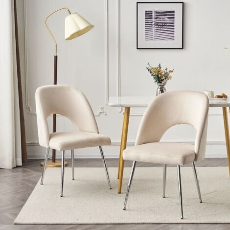 ABRIHOME Modern Velvet Set of 2 Dining Chair, Thick Upholstered Kitchen Tub Chair with Loop Backrest and Metal Legs, Beige