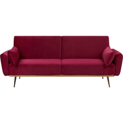Modern Velvet Sofa Bed Metal Legs Convertible Sleeper Dark Red Eina - Red