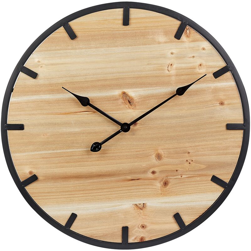 Modern Wall Clock Round 60 cm Light Fir Wood Black Metal Caborca