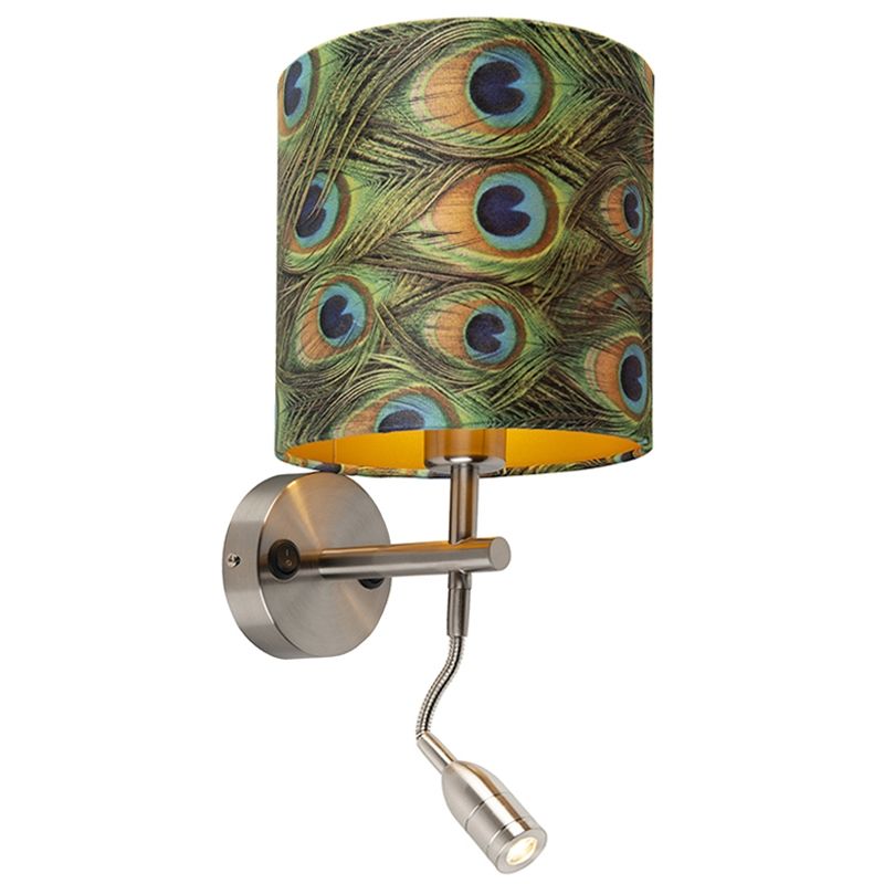 Modern Wall Light Steel with Reading Lamp and Velvet Shade 20/20/20 Peacock - Gold