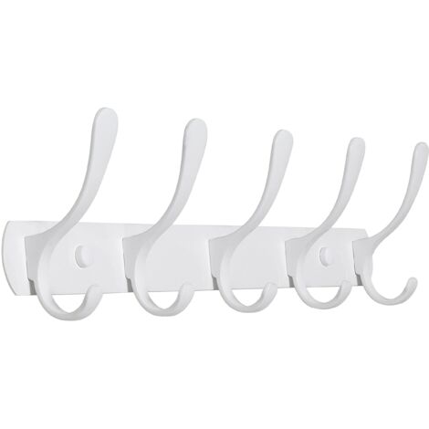 Modern wall mounted coat rack with 5 hooks, sturdy metal, for hanging clothes, coat, hats, jackets, backpack, white wall hook, ideal in the storage room, entrance