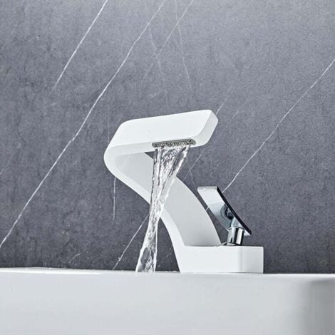 Modern Waterfall Bathroom Faucet Single Handle Mixer Tap Brass Bathroom Tap White (With Hose) MUMU