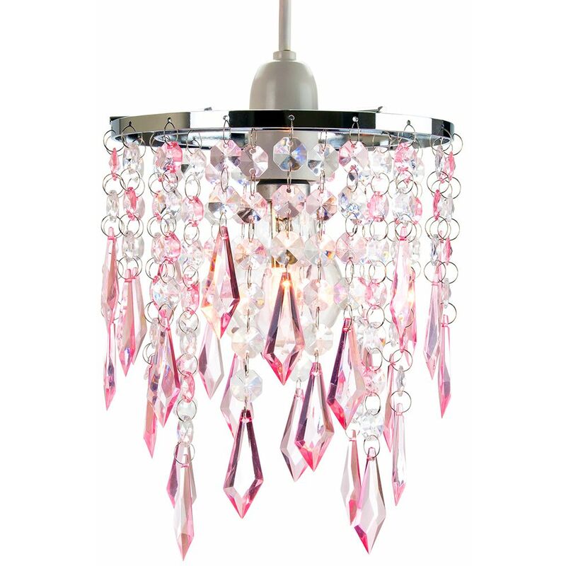 Modern Waterfall Design Pendant Shade with Clear/Pink Acrylic Drops and Beads by Happy Homewares