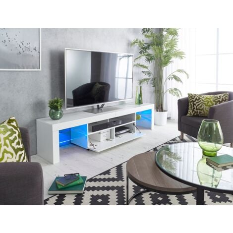 MMT FURNITURE DESIGNS LTD Modern White 200cm Matt Gloss TV Stand with glass shelves Cabinet Suitable for 55 65 70 75 80 Inch 4K LED Flat Screen TV's