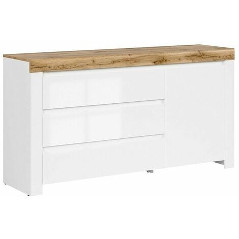 Modern White Gloss Oak Effect Sideboard Cabinet 3 Drawers Unit Soft Close Holten