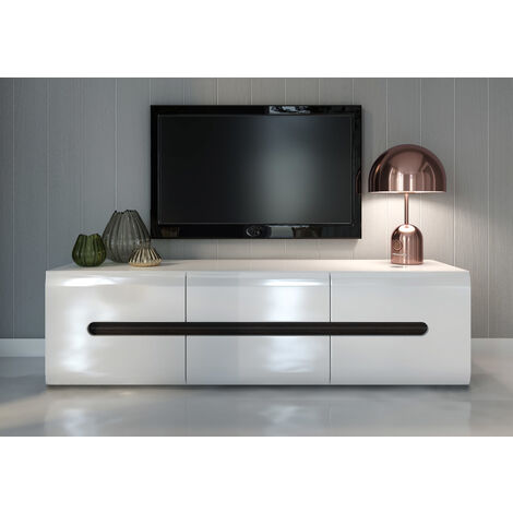 Modern White Gloss TV Stand Cabinet Drawer Low Unit 150cm Black Brown Azteca - White / White High Gloss