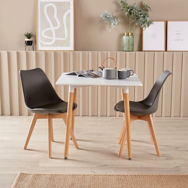 Modern White Kitchen or Dining Table Set 80cm 2 Padded Grey Chairs Wooden Legs