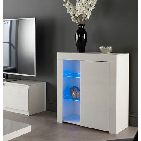 Modern White Matt Gloss Buffet Sideboard Cabinet with LED Lights and Glass Display Shelves Length- 75cm x Depth 35cm x Height 83cm