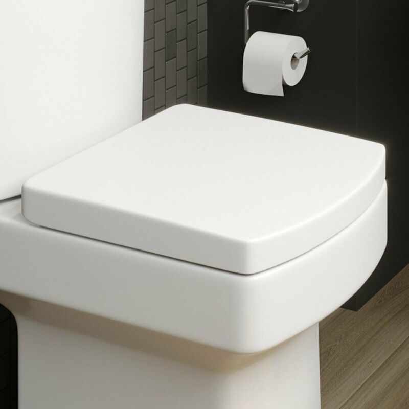 Affine - Modern White Square Toilet Seat Soft Closing Silent Chrome Hinges