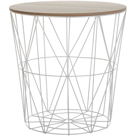 Modern Wire Basket Side Table Storage Round Wooden Top White Metal Lanark - White