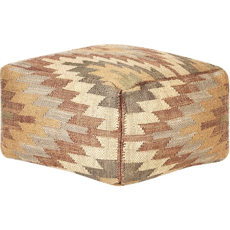 Modern Woven Pouffe Multicolour Jute Wool Square Geometrical Pattern Deepor