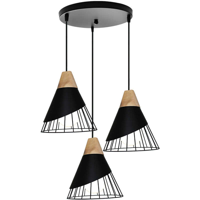 Wottes - Modern Wrought Iron Pendant Light,Adjustable Solid Wood Badminton 3 Lamp Bedroom Living Room Kitchen Creative Chandelier Black - Black