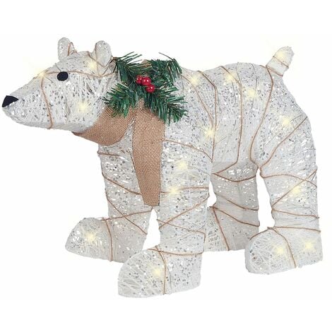 Orso Polare bianco luminoso 25 luci led pelliccioso con sciarpa decorazioni  addobbi natalizi H30 cm