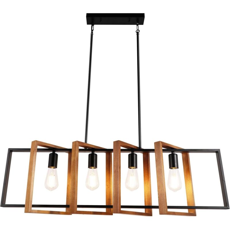 Moderna illuminazione per isola cucina, 4 luci, 90 cm. Moderna lampada a sospensione in metallo/legno con finitura in legno nero rustico, lampadario