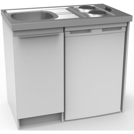 Moderna – Kitchenette BOREALE 100 cm avec réfrigérateur 122L – Évier inox 18/10 réversible – 2 plaques électriques 1500W – Montage facile