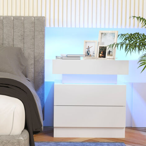 Moderna Mesita de Noche Brillante Mesita de Noche con Tira de luz led Blanco Mesitas de Noche con 2 cajones para Dormitorio, Sala de Estar