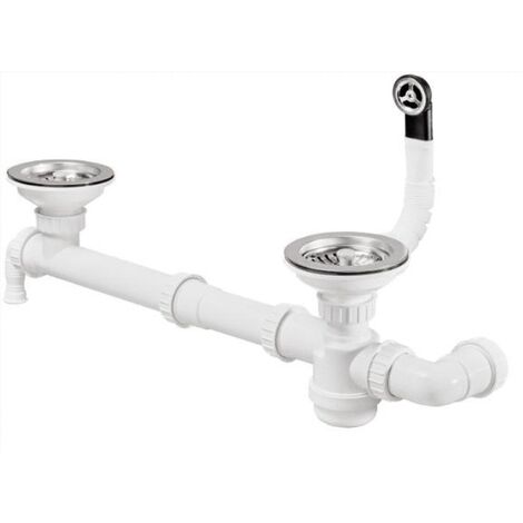 Moderna – Vidage complet lavabo Ø90mm – Siphon à bol réduit pour éviers 1,5 ou 2 cuves – Tube de trop-plein extensible – Polypropylène blanc