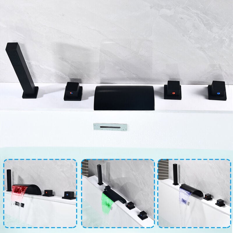 Moderne 5 trous robinetterie de bord de baignoire led cascade robinetterie de baignoire ensemble de douche 1/2'