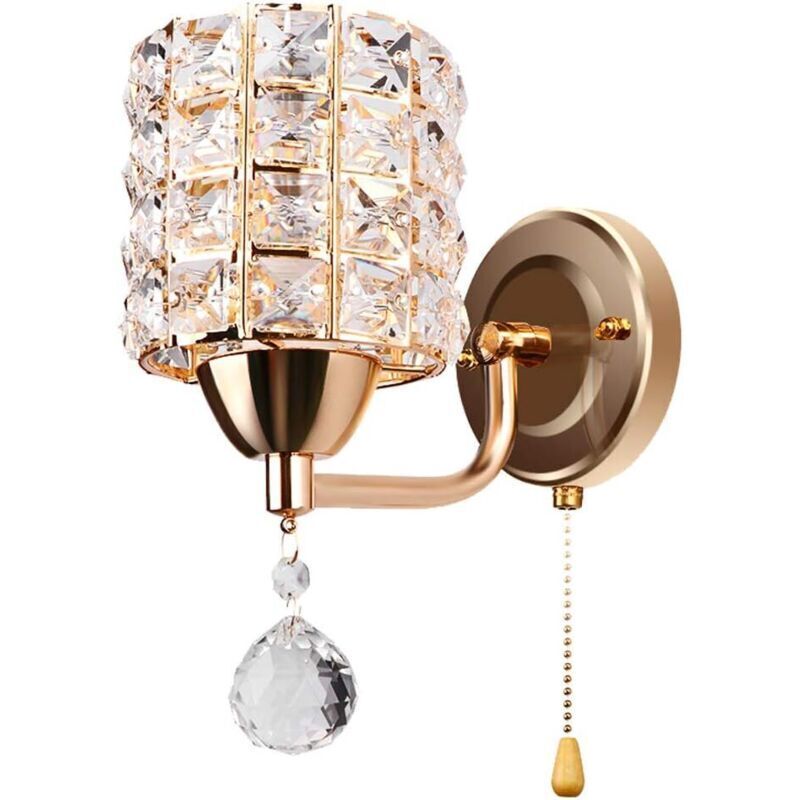 Moderne Applique Murale en Cristal avec Interrupteur à Tirette, D'or Lampe Murale Chambre à Coucher, allée, prise E14 (Sans Ampoule Incluse)